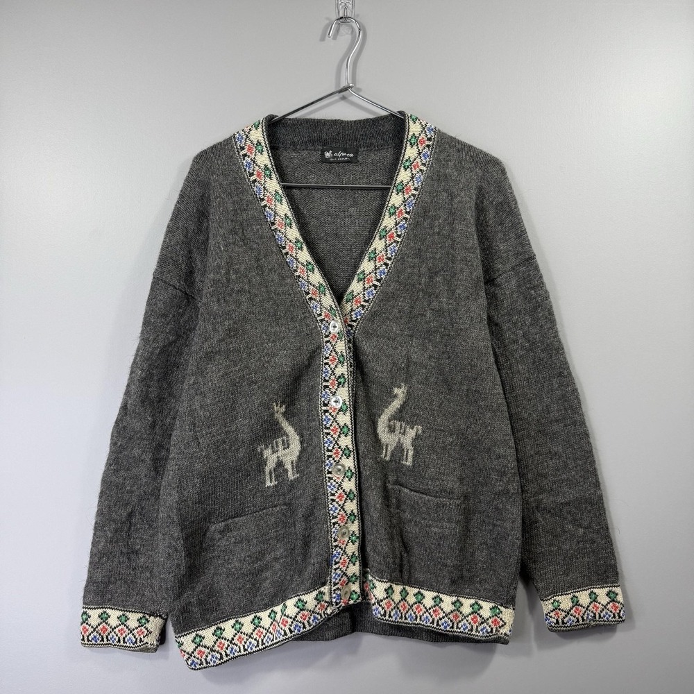 Alpaca Sweater Womens Large Gray Alpaca Llama Cardigan Fair Isle Knit Peru